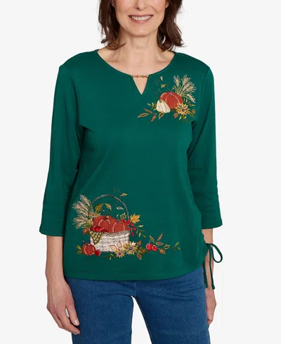 Alfred Dunner Women's Classic Asymmetric Pumpkin Split Beaded Floral Top In Green