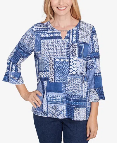 Alfred Dunner Plus Size Classic Beaded Split Neck Patchwork Top In Denim