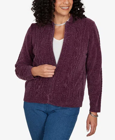 Alfred Dunner Women's Classic Cable Chenille Zip Cardigan Sweater In Purple