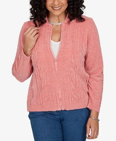 Alfred Dunner Women's Classic Cable Chenille Zip Cardigan Sweater In Pink
