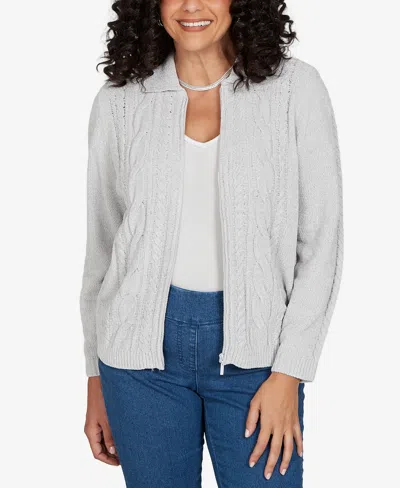 Alfred Dunner Women's Classic Cable Chenille Zip Cardigan Sweater In Gray