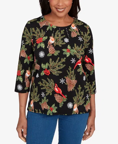 Alfred Dunner Women's Classic Cardinals And Pinecones Embellished Top In Black