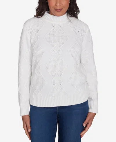 Alfred Dunner Women's Classic Chenille Diamond Stitch Turtleneck Sweater In Ivory