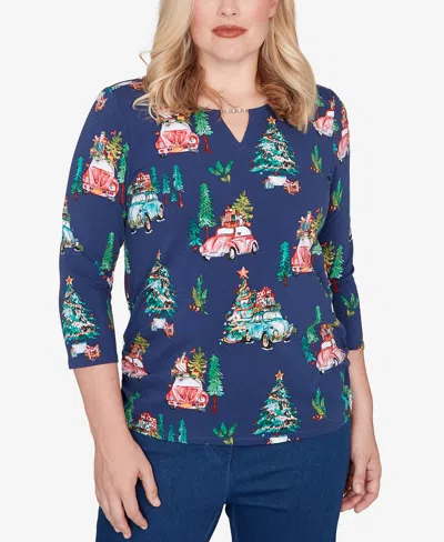 Alfred Dunner Women's Classic Christmas Tree Print Beaded Top In Blue