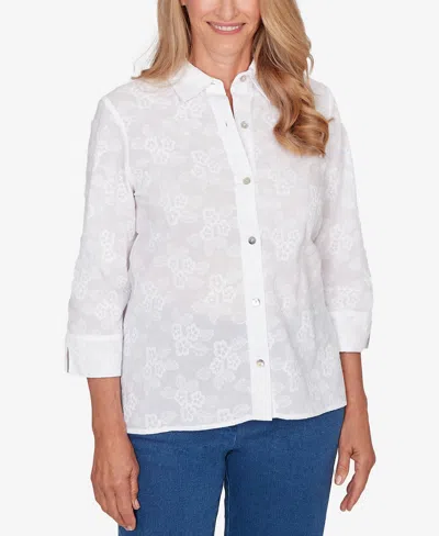 Alfred Dunner Women's Classic Collared Flower Embroidered Button Down Top In White