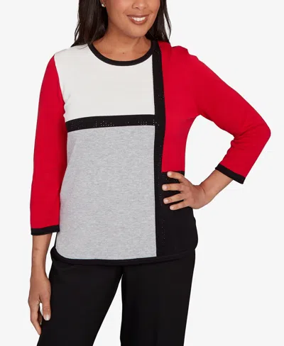 Alfred Dunner Women's Classic Color Block Long Sleeve Sweater In Red