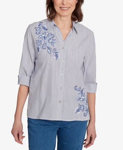 Alfred Dunner Women's Classic Diagonal Floral Metallic Stripe Button Front Top In Blue