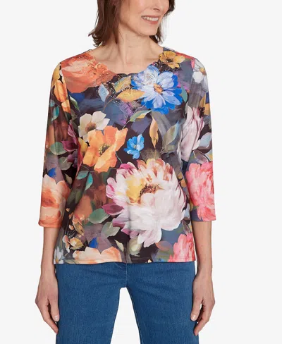 Alfred Dunner Women's Classic Dramatic Floral Lace Neck Top In Blue
