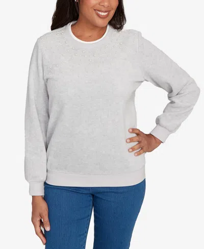 Alfred Dunner Women's Classic Embellished Crew Neck Anti-pill Top In Gray