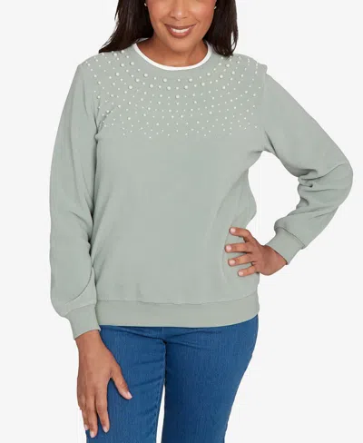 Alfred Dunner Plus Size Classic Embellished Neckline Anti-pill Sweater In Green