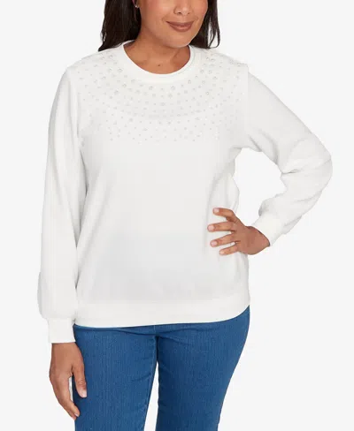 Alfred Dunner Plus Size Classic Embellished Neckline Anti-pill Sweater In White