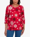 Alfred Dunner Women's Classic Embellished Snowflake Pleated Neck Top In Red
