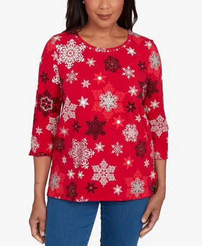 Alfred Dunner Women's Classic Embellished Snowflake Pleated Neck Top In Red