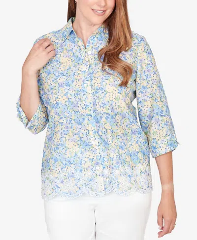 Alfred Dunner Women's Classic Embroidered Floral Border Button Down Top In Multi