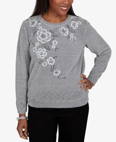 Alfred Dunner Women's Classic Embroidered Floral Textured Chenille Sweater In Grey