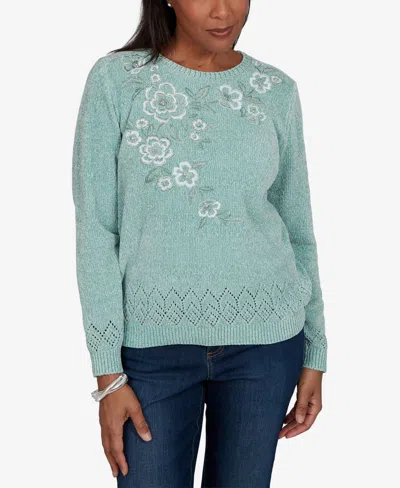 Alfred Dunner Women's Classic Embroidered Floral Textured Chenille Sweater In Sage