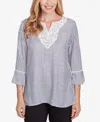 Alfred Dunner Women's Classic Embroidered Split Neck Striped Top In Black,white