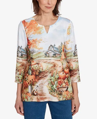 Alfred Dunner Women's Classic Farm Landscape Harvest Floral Top