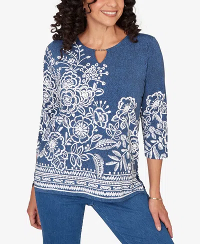 Alfred Dunner Plus Size Classic Floral Border Embroidered Split Neck Top In Blue