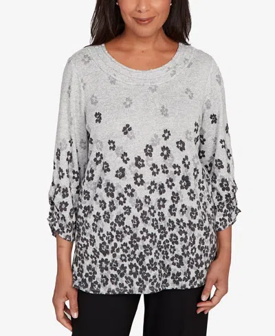 Alfred Dunner Women's Classic Floral Border Gathered Sleeve Top In Gray