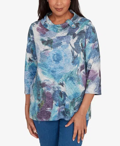 Alfred Dunner Women's Classic Floral Brushstroke Mock Neck Top In Blue