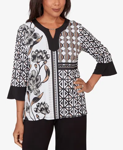 Alfred Dunner Plus Size Classic Floral Geo Patchwork Split Neck Top In Black