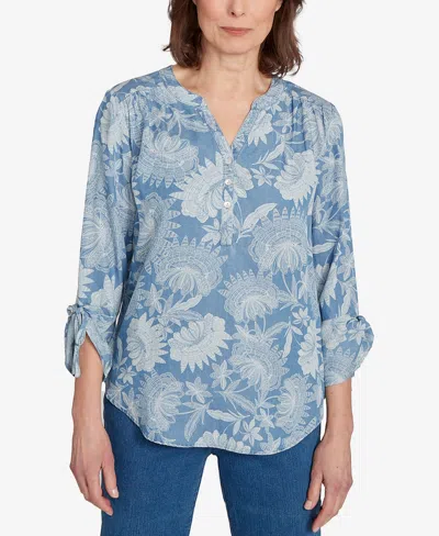 Alfred Dunner Women's Classic Floral Monotone Lyocell Henley Top In Blue
