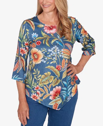 Alfred Dunner Women's Classic Floral Print Pointed Hem Top With Necklace In Blue