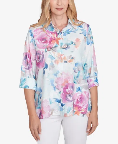 Alfred Dunner Women's Classic Floral Watercolor Button Down Top In Iris
