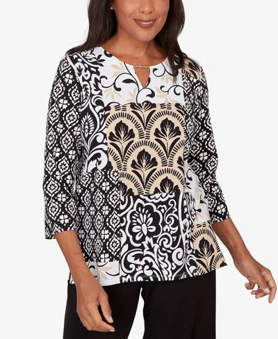 Alfred Dunner Plus Size Classic Geometric Scroll Patchwork Split Neck Top In Blue