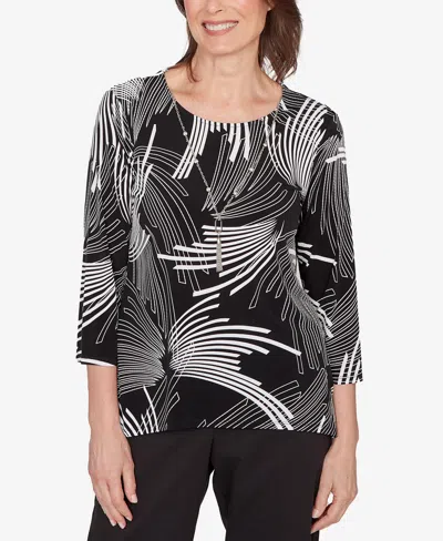 Alfred Dunner Women's Classic Geometric Sharkbite Hem Top With Necklace In Black