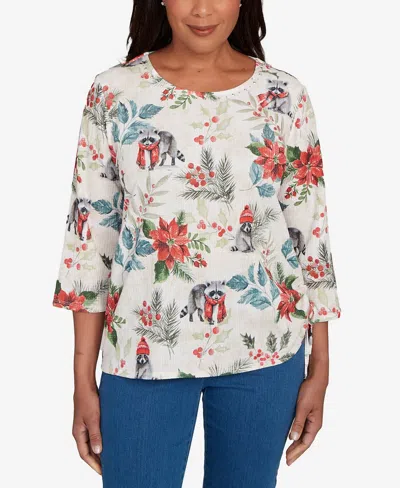 Alfred Dunner Women's Classic Holiday Raccoon Poinsettias Crew Neck Top In Brown