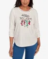 Alfred Dunner Plus Size Classic Holiday Stockings Gathered Sleeve Top In White