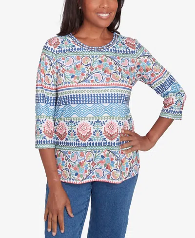 Alfred Dunner Women's Classic Knit Scroll Geometric Crewneck Top In Navy Multi