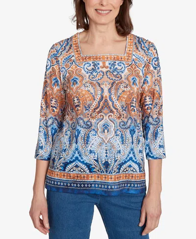 Alfred Dunner Women's Classic Medallion Bordered Square Neck Top In Multi