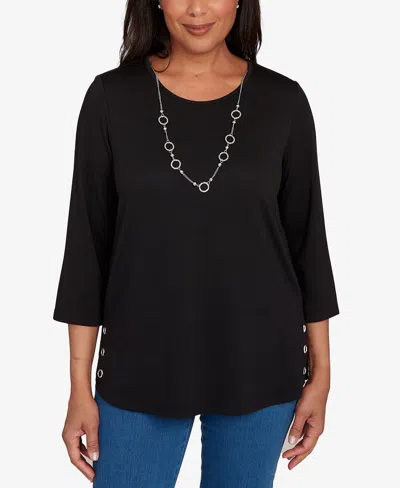 Alfred Dunner Women's Classic Melange Side Button Crew Neck Top With Necklace In Black
