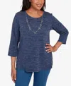 Alfred Dunner Petite Melange Side Button Top With Necklace In Blue