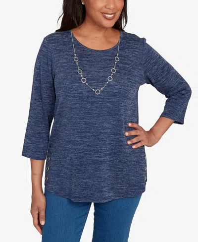 Alfred Dunner Women's Classic Melange Side Button Crew Neck Top With Necklace In Blue