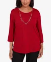 Alfred Dunner Women's Classic Melange Side Button Crew Neck Top With Necklace In Red