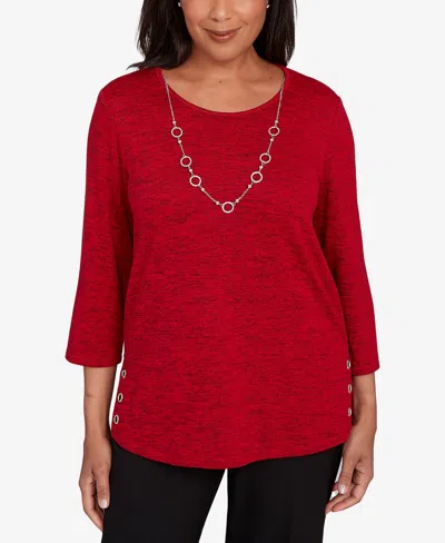 Alfred Dunner Women's Classic Melange Side Button Crew Neck Top With Necklace In Red
