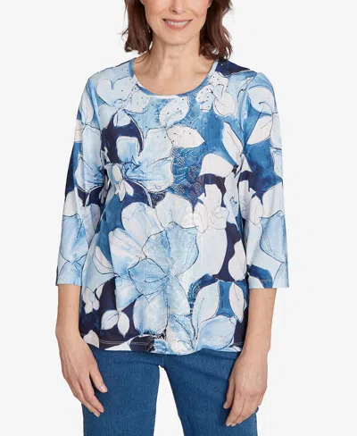 Alfred Dunner Women's Classic Monotone Floral Embellished Top In Blue