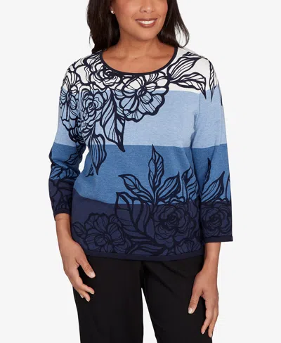 Alfred Dunner Women's Classic Ombre Floral Block Stripe Sweater In Blue