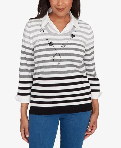 Alfred Dunner Women's Classic Ombre Stripe Two In One Sweater In Black