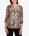 Alfred Dunner Women's Classic Puff Print Animal Color Block Top In Brown
