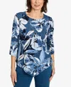 Alfred Dunner Women's Classic Puff Print Denim Floral Top In Blue