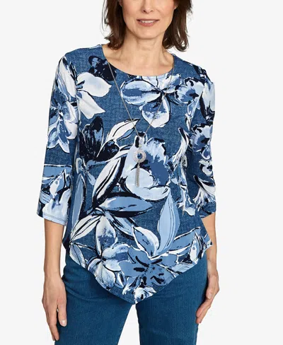 Alfred Dunner Women's Classic Puff Print Denim Floral Top In Blue