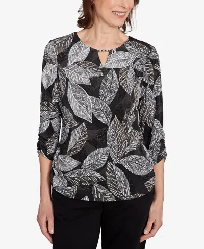 Alfred Dunner Women's Classic Puff Print Leaf Top In Black