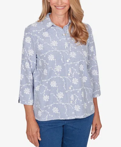 Alfred Dunner Plus Size Classic Puff Print Pinstripe Embroidered Top In Blue
