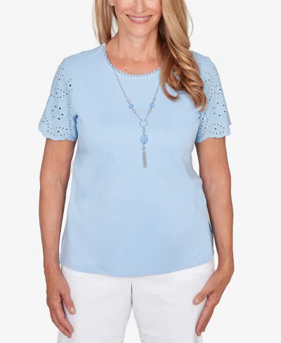 Alfred Dunner Women's Classic Solid Eyelet Sleeve T-shirt With Necklace In Blue