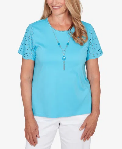 Alfred Dunner Women's Classic Solid Eyelet Sleeve T-shirt With Necklace In Blue